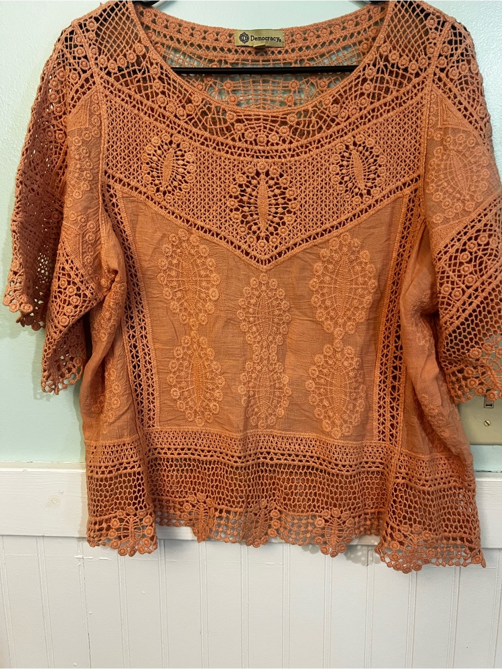 Democracy Lace Crochet Women's Top in coral Rust color size small boho festival